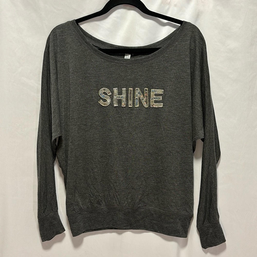 “SHINE” Silver Sequined, Grey Heather, Wide Neck, Long Sleeve Dolman Shirt